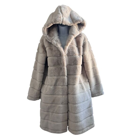APPARIS Hooded Faux Fur Coat - Beige Size XXS